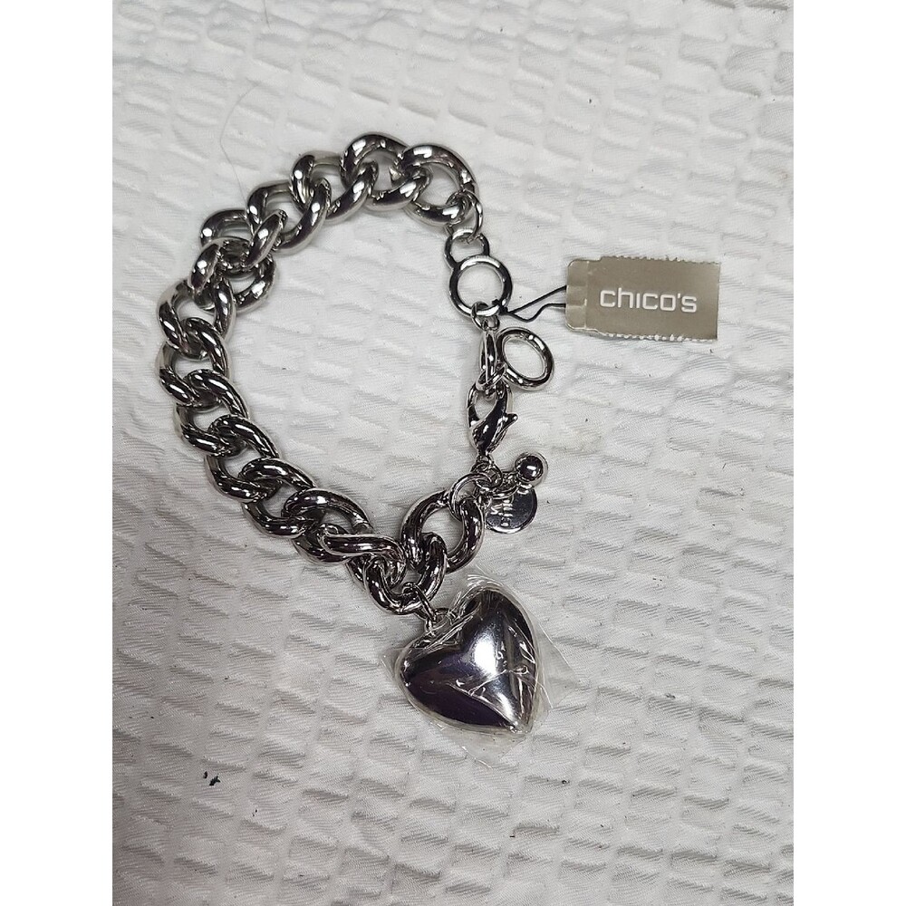Chico's Silver Heart Charm Bracelet - Shiny Silver Link Bracelet